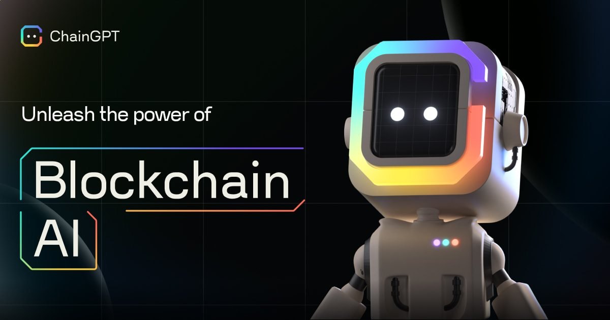 ChainGPT robot beside Unleash the power of Blockchain AI text